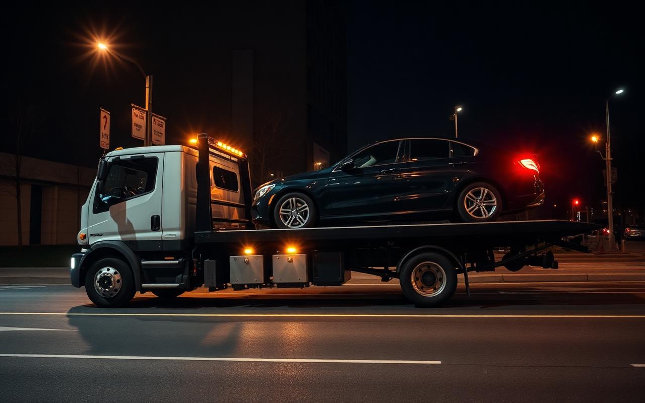 All About Towing flatbed tow truck loading a car with soft straps at night in Friendswood, Texas