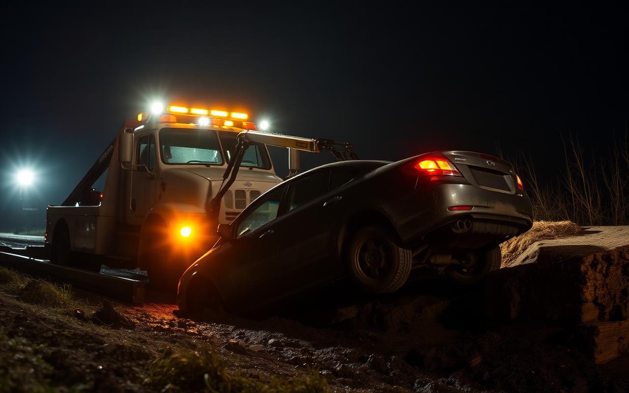 Recovery tow truck winching a damaged car out of a ditch at night under floodlights near Friendswood, Texas