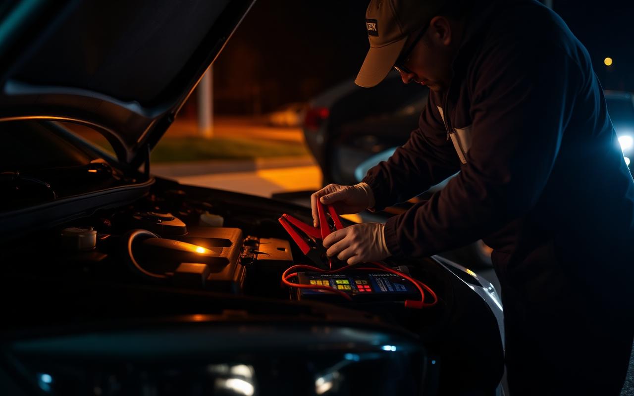 All About Towing technician jump starting a car battery on a Friendswood street at night